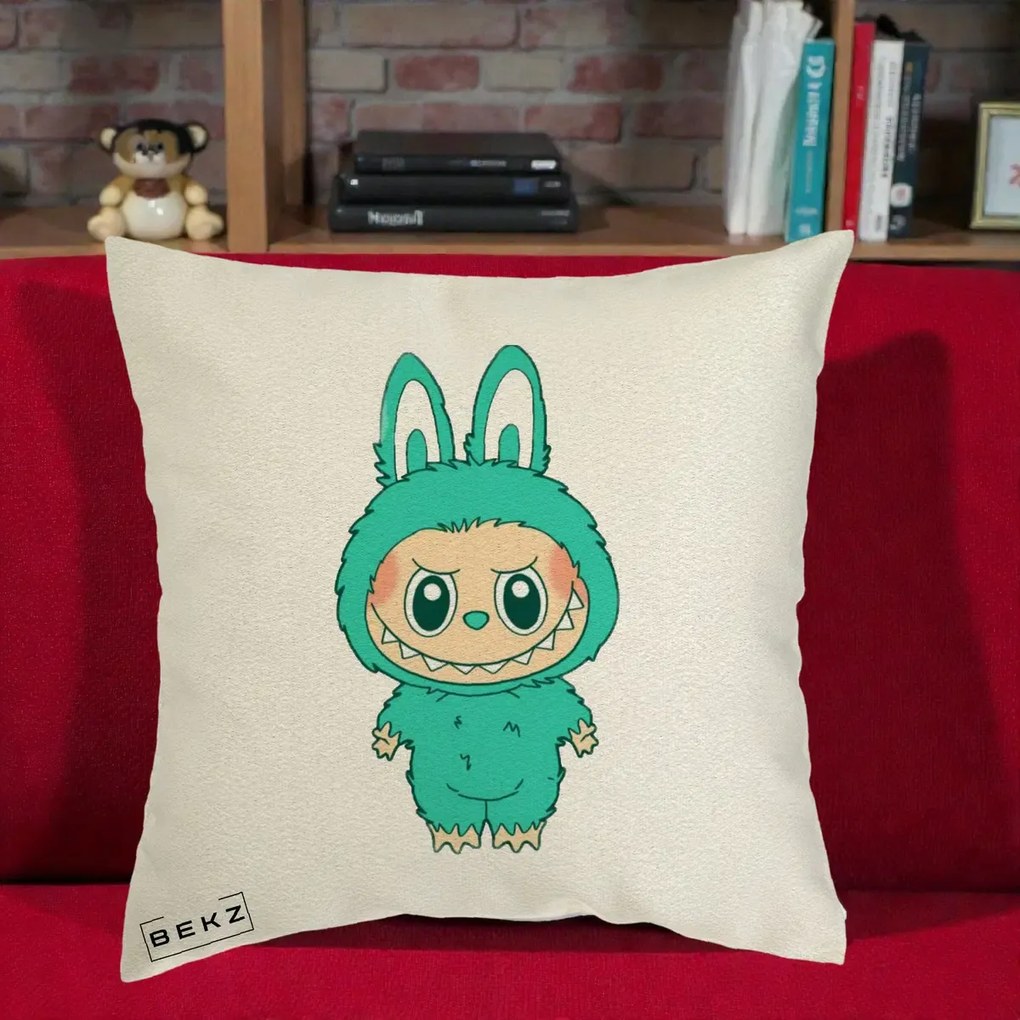 Perna Personalizata Labubu Turcoaz, 40x40 cm, Ecru, Husa Detasabila, Perna Inclusa, BEKZ®