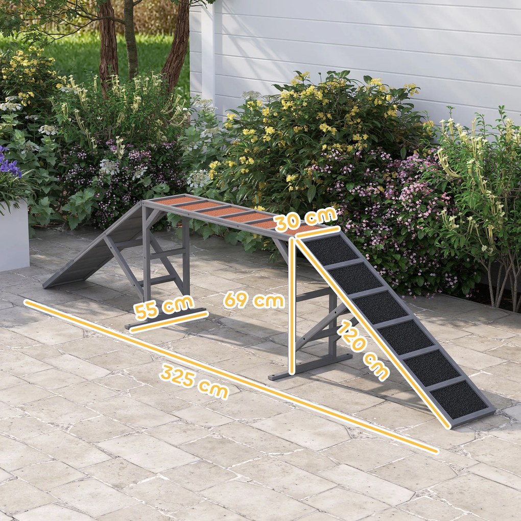 PawHut Rampă de agilitate pentru câini, echipament de agilitate pentru câini, bare de siguranță, suprafață antiderapantă 325x55x69 cm gri | Aosom Romania