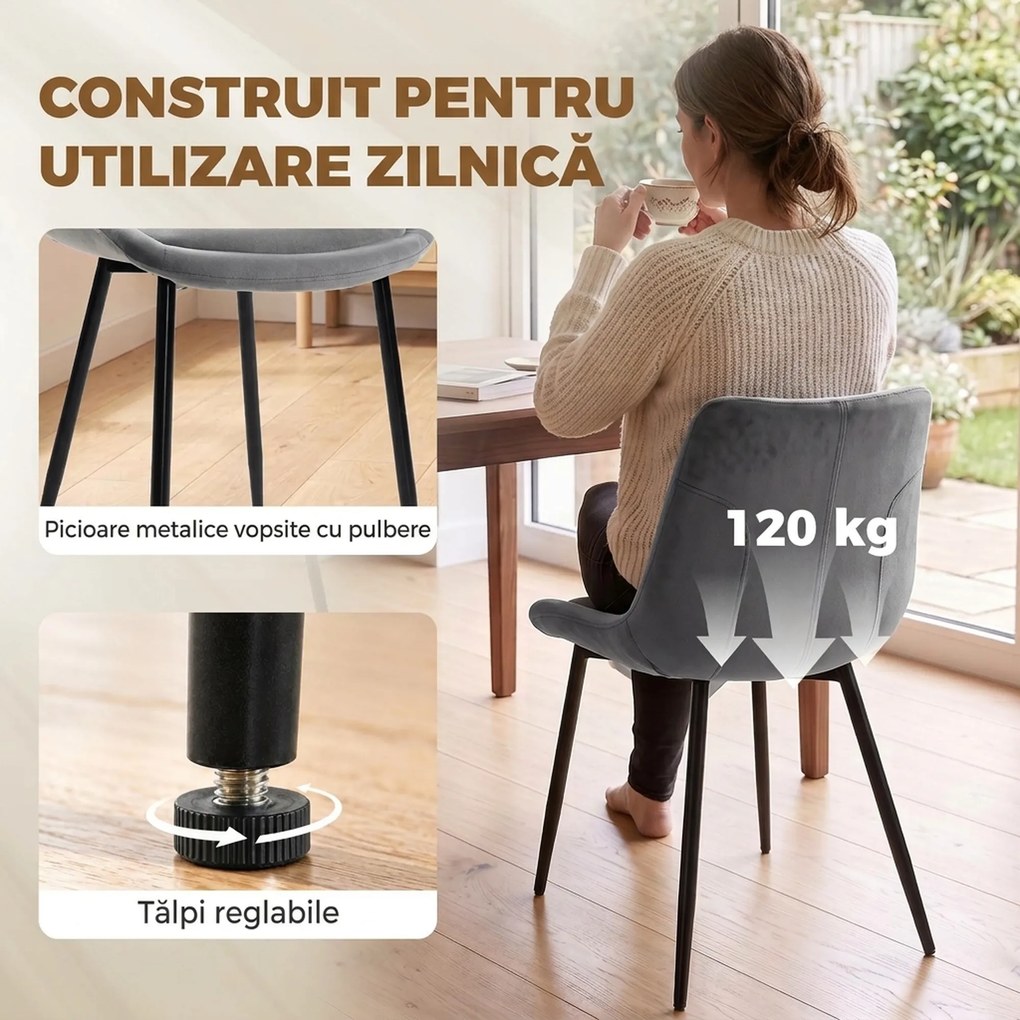 HOMCOM Set 2 Scaune de Dining din Catifea pentru Bucătărie, Gri Închis | Aosom Romania