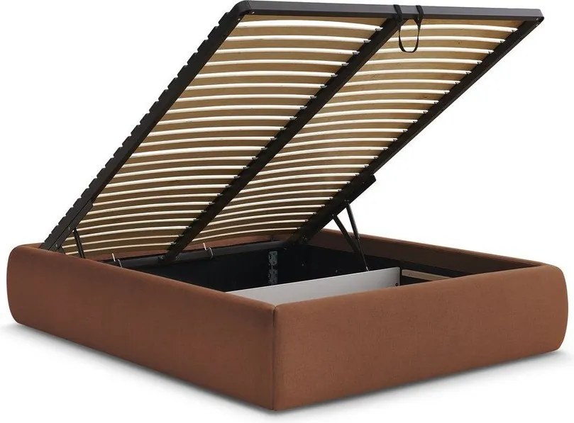 Pat matrimonial portocaliu tapițat cu spațiu de depozitare/fără tăblie cu somieră 180x200 cm Inera – Bobochic Paris