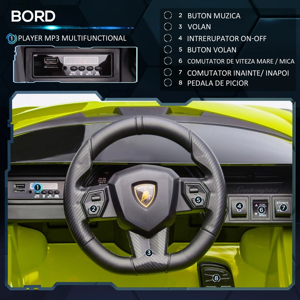 Masina electrica pentru copii 12V Lamborghini, telecomanda, viteza 3-8 km/h, 108x62x40cm, Verde HOMCOM | Aosom Romania