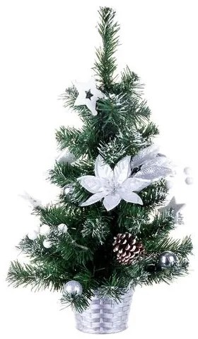 Decoratiune Craciun, brad impodobit cu floare, argintiu, 30 cm