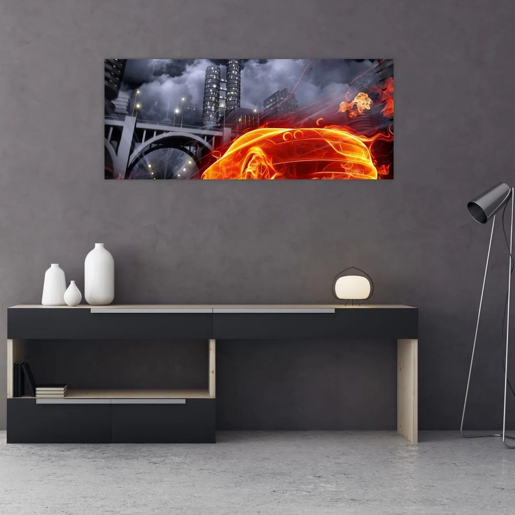 Tablou cu mașina în flăcărată (120x50 cm)