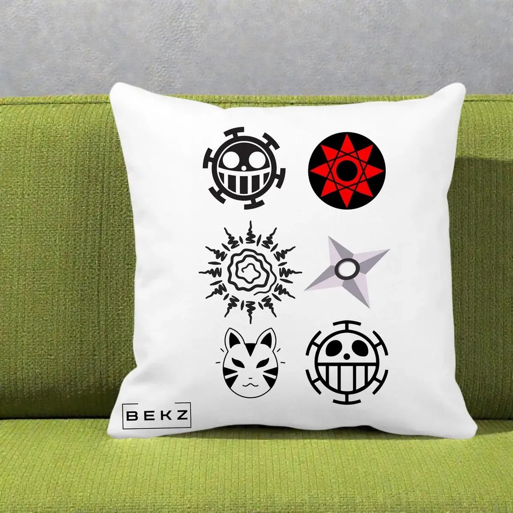 Perna Personalizata Simboluri Anime Mix - Naruto One Piece, 40x40 cm, Alba Mata, Husa Detasabila, Perna Inclusa, BEKZ®