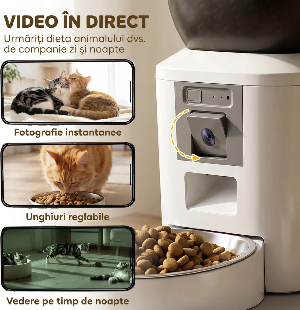 PawHut Distribuitor Automat de Hrană pentru Pisici și Câini 4L, WiFi 2,4G, Control din Aplicație cu Cameră, Bol, Alb | Aosom Romania