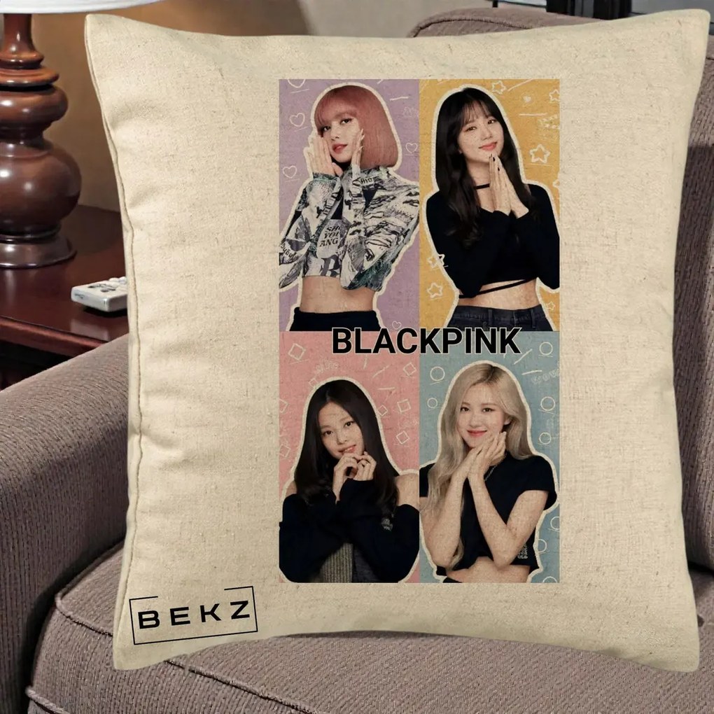 Perna Personalizata K-pop BLACKPINK Negru, 40x40 cm, Bej, Husa Detasabila, Perna Inclusa, BEKZ®