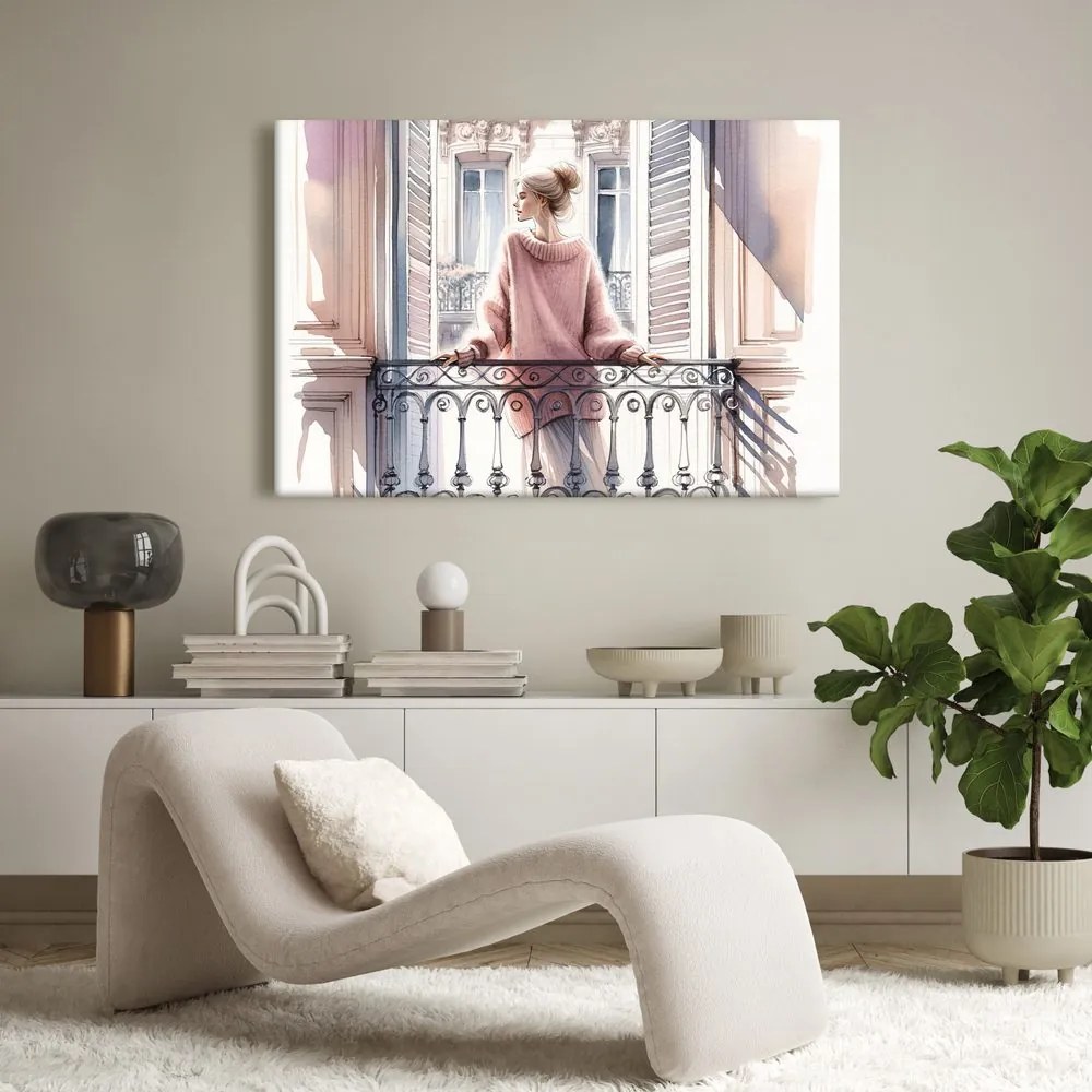 Tablou fată în pulover roz pe balcon