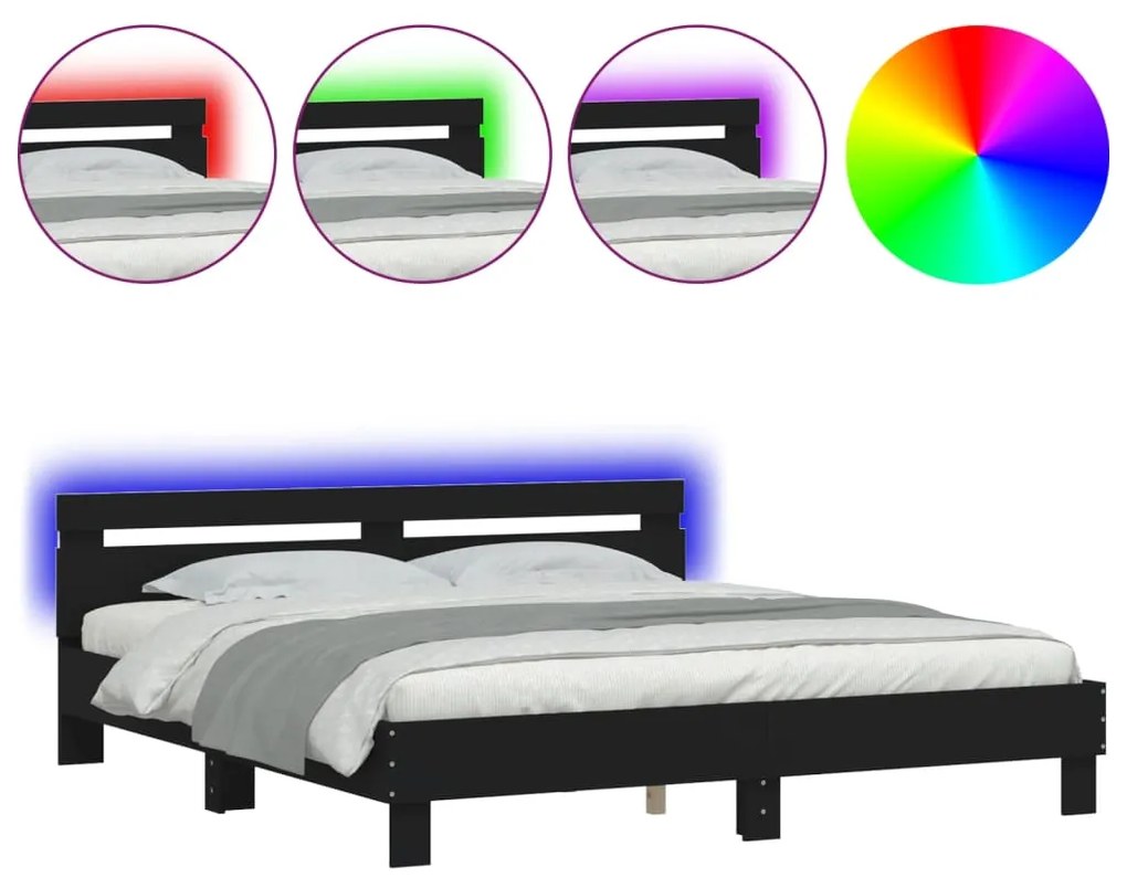 3207519 vidaXL Cadru de pat cu tăblie și LED, negru, 200x200 cm