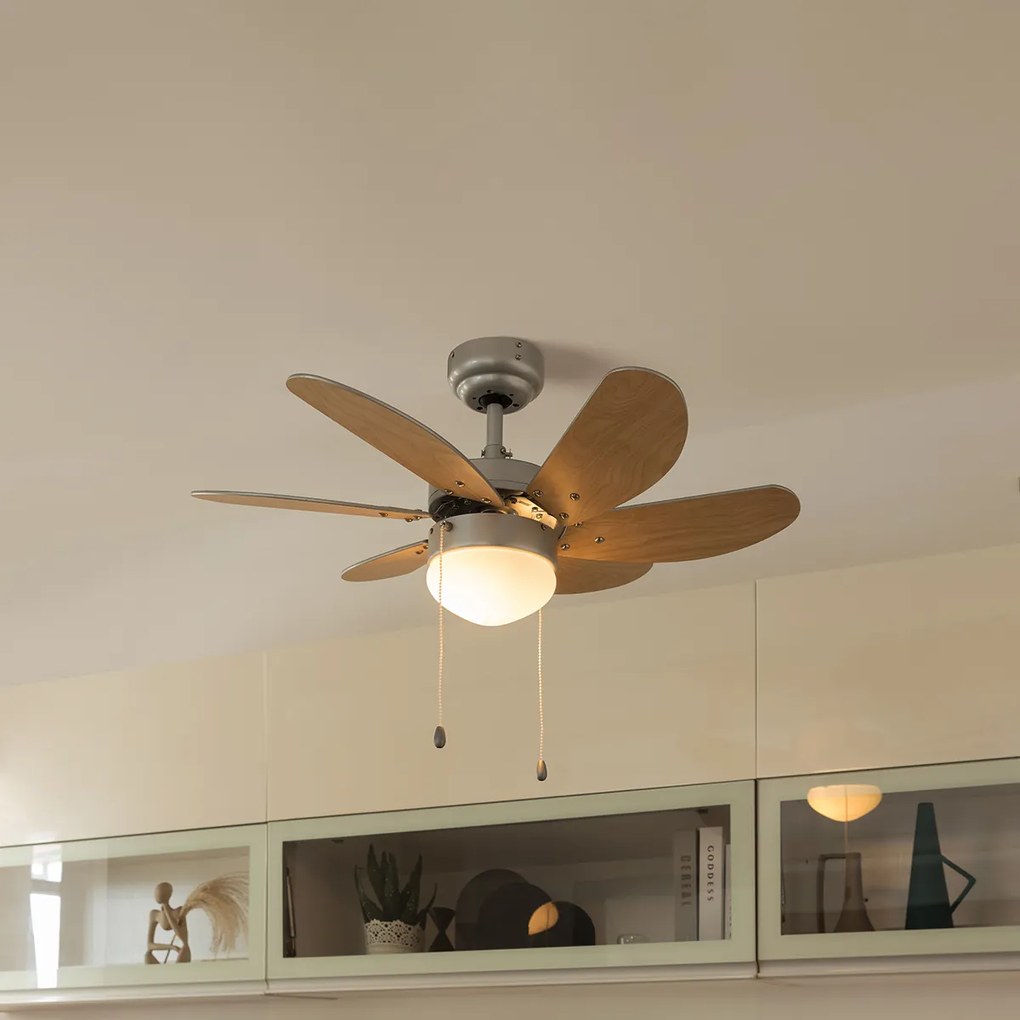 Ventilator de tavan din oțel cu finisaj aspect lemn, 80 cm, cu întrerupător cu șnur - Fresh