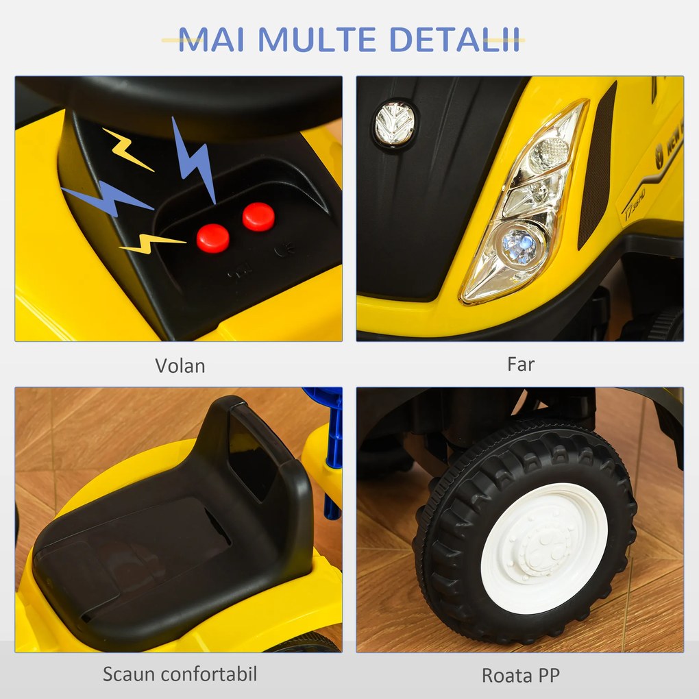 Tractor pentru Copii 12-36 Luni HOMCOM, Prevazut cu Loc cu Remorca, Grebla si Lopata, Joc Educativ, 91x29x44cm, Galben | Aosom Romania