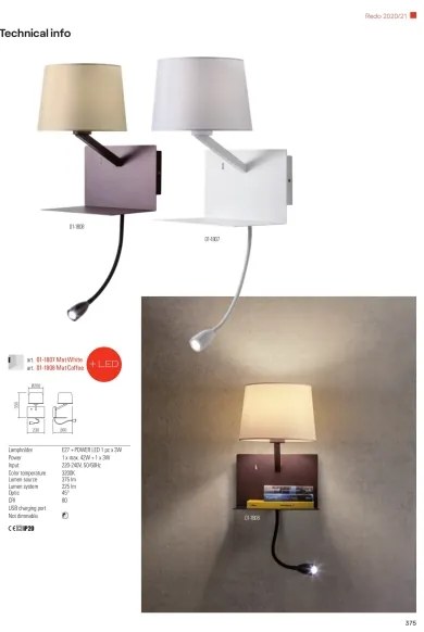 Redo 01-1807 - Aplică perete LED TOMO 1xE27/42W/230V+1xLED/3W