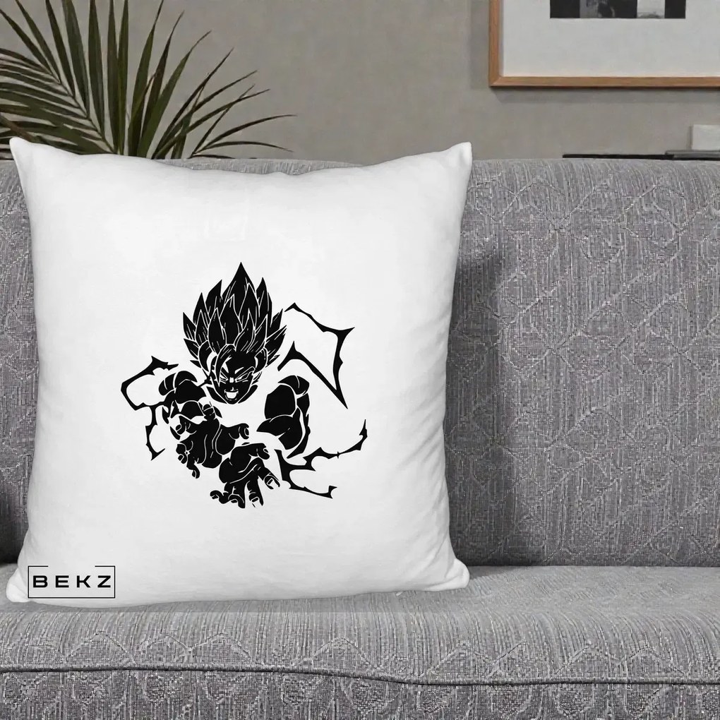 Perna Personalizata Dragon Ball Goku Super Saiyan Silueta, 40x40 cm, Alb Pufos, Husa Detasabila, Perna Inclusa, BEKZ®