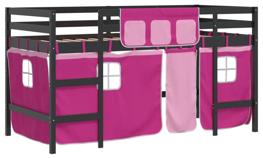 3206972 vidaXL Pat etajat de copii cu perdele, roz, 90x200 cm, lemn masiv pin