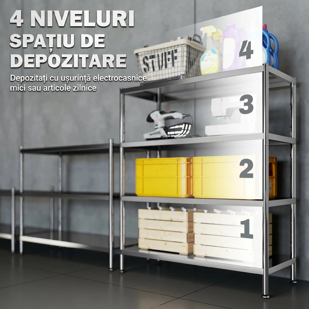 HOMCOM Raft de Depozitare pentru Bucătărie cu 4 Nivele din Oțel Inoxidabil 201 Argintiu | Aosom Romania