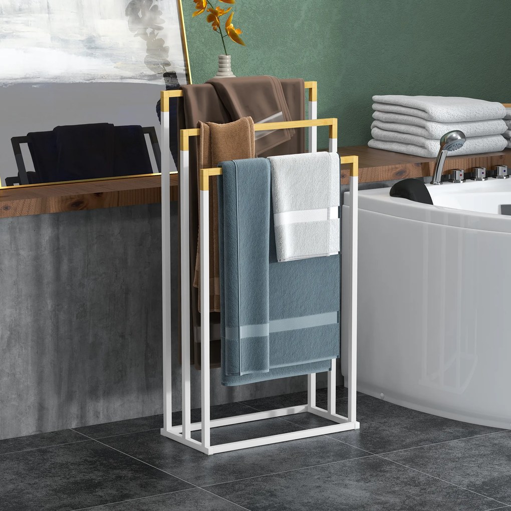 kleankin Suport pentru Prosoape din Bambus și Oțel cu Design Independent, 45x22.5x86 cm, Alb | Aosom Romania