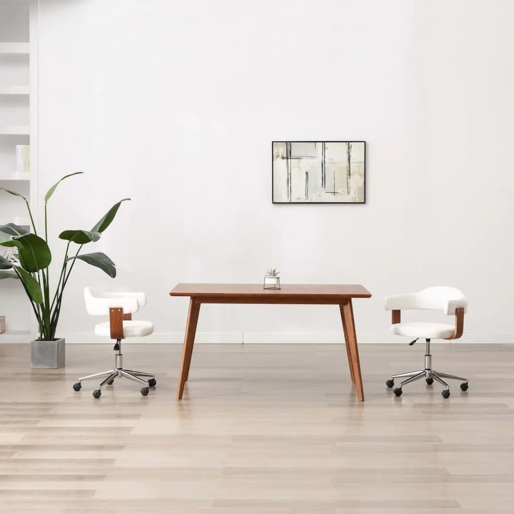 vidaXL Scaune pivotante, 2 buc. alb, lemn curbat &amp; piele ecologică