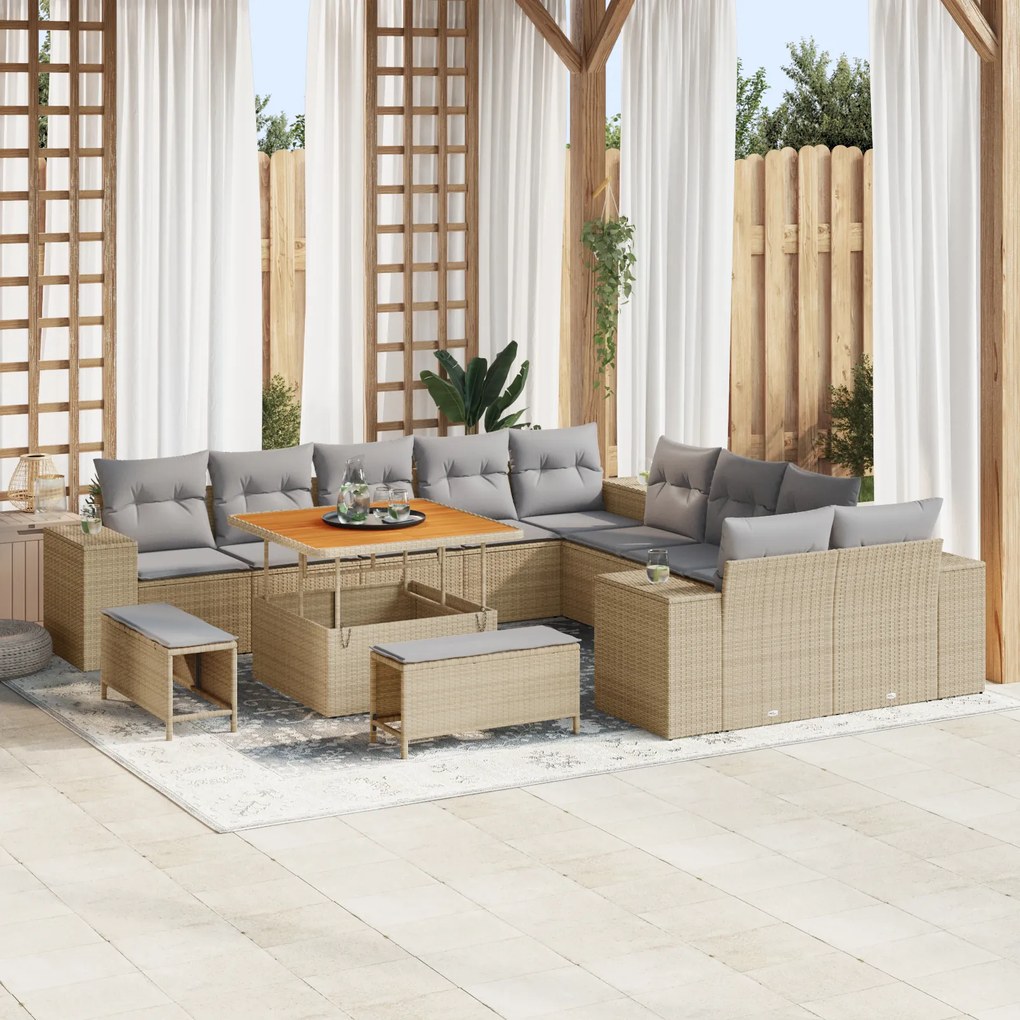vidaXL Set de canapea pentru grădină , 13 piese, cu perne, bej, rattan din poliester, lemn de acacia