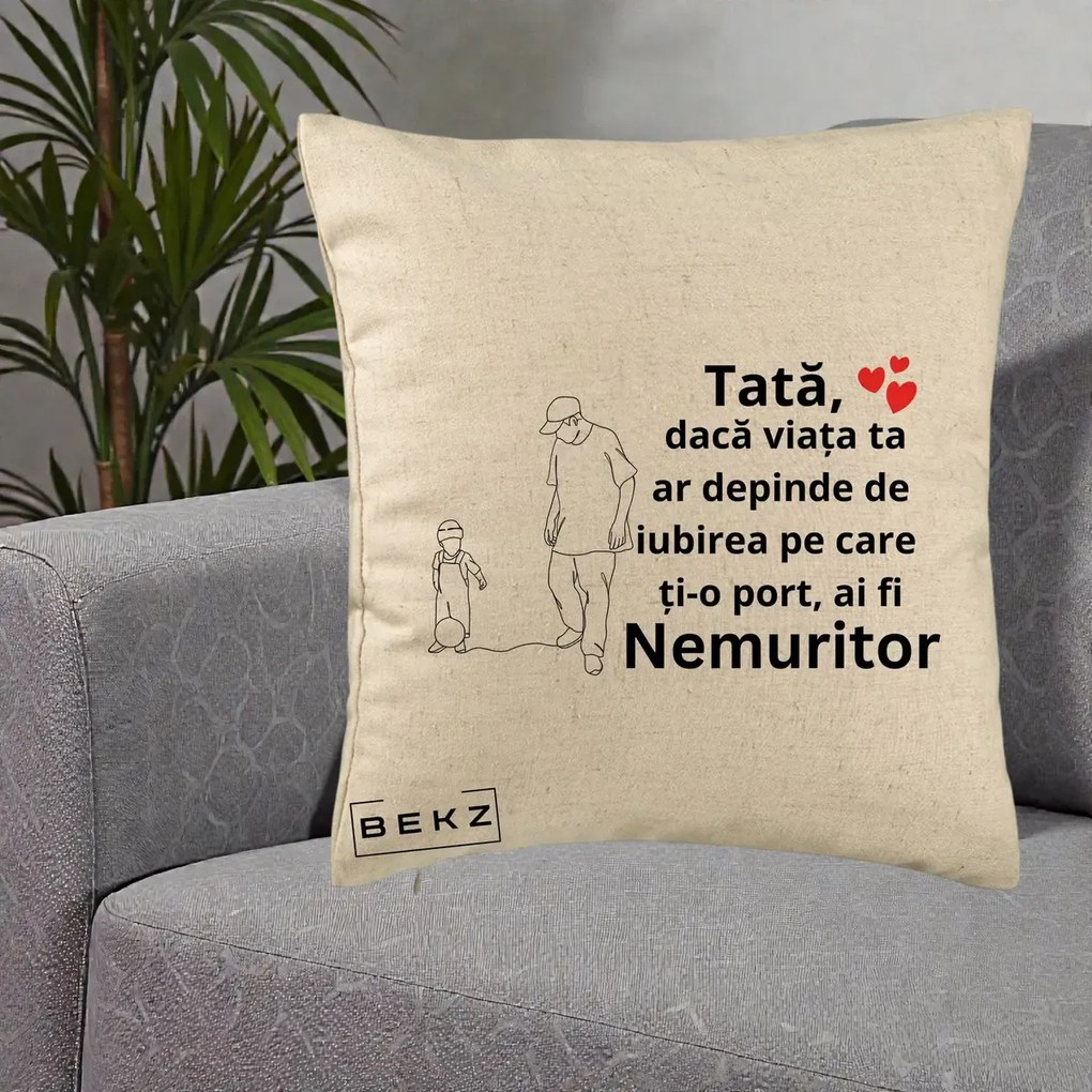 Cadou pentru Tata - Perna Personalizata Tata Nemuritor Joaca cu Mingea, 40x40 cm, Bej, Husa Detasabila, Perna Inclusa, BEKZ®
