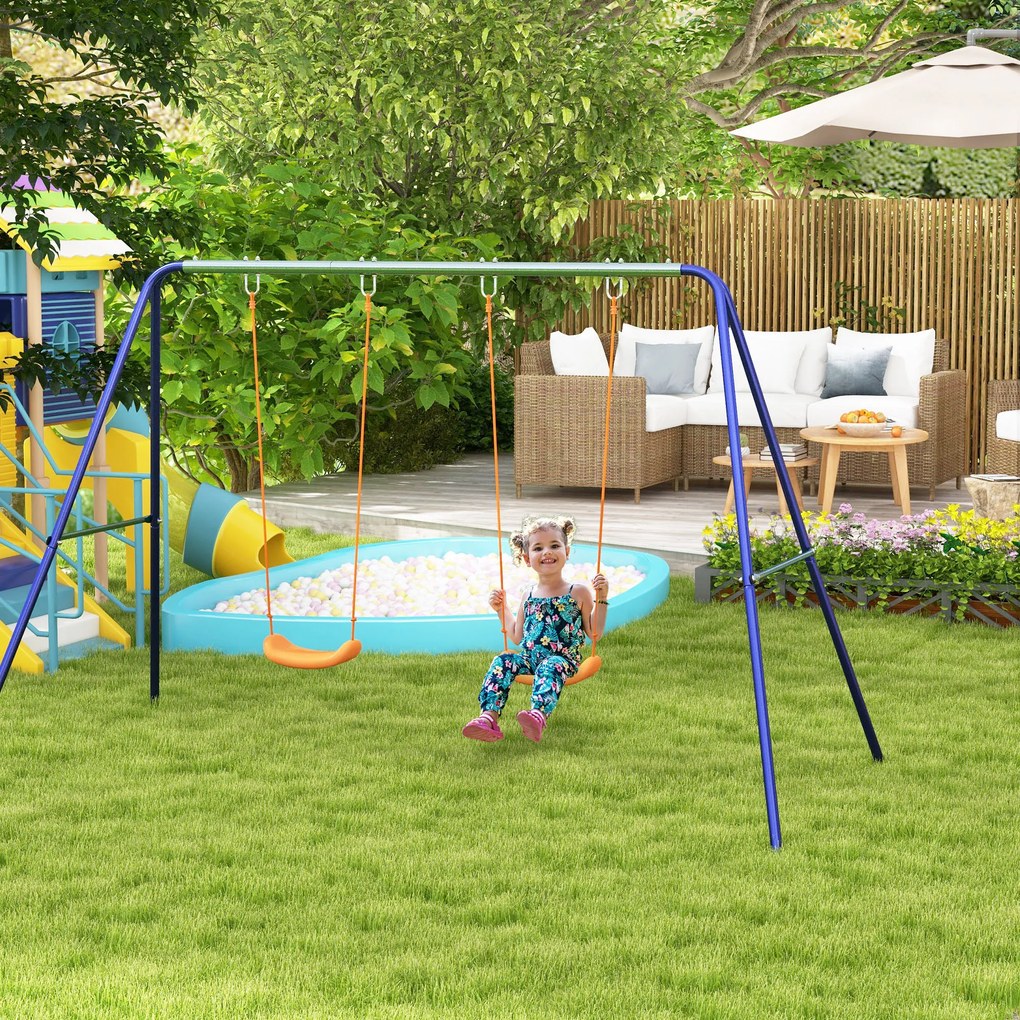 Outsunny Set de leagan pentru copii, Cadru metalic de leagan pentru exterior cu scaune duble de leagan, tarusi de sol