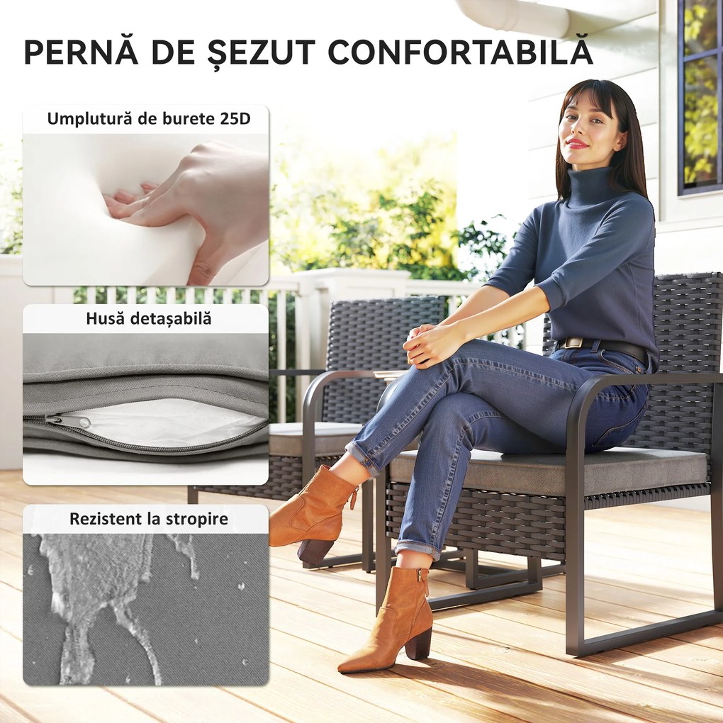 Outsunny Set de Grădină 3 Piese din Rattan PE și Oțel, Set cu 2 Fotolii cu Perne Lavabile și Măsuță de Cafea cu Blat din Sticlă, Set de Mobilier pentru Balcon, Terasă sau Curte, Gri Închis și Negru | Aosom Romania