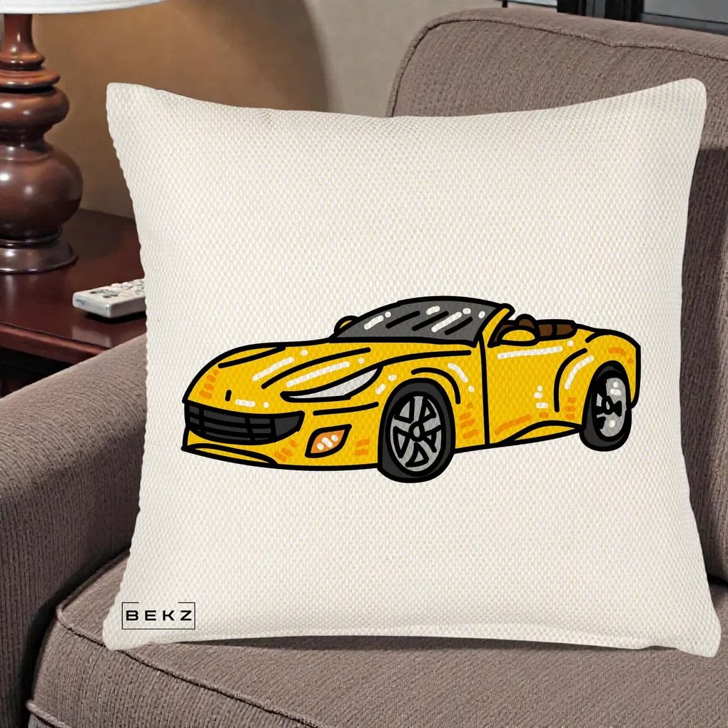 Perna Personalizata Masina Cabriolet Galbena Grafic, 40x40 cm, Crem Reliefat, Husa Detasabila, Perna Inclusa, BEKZ®