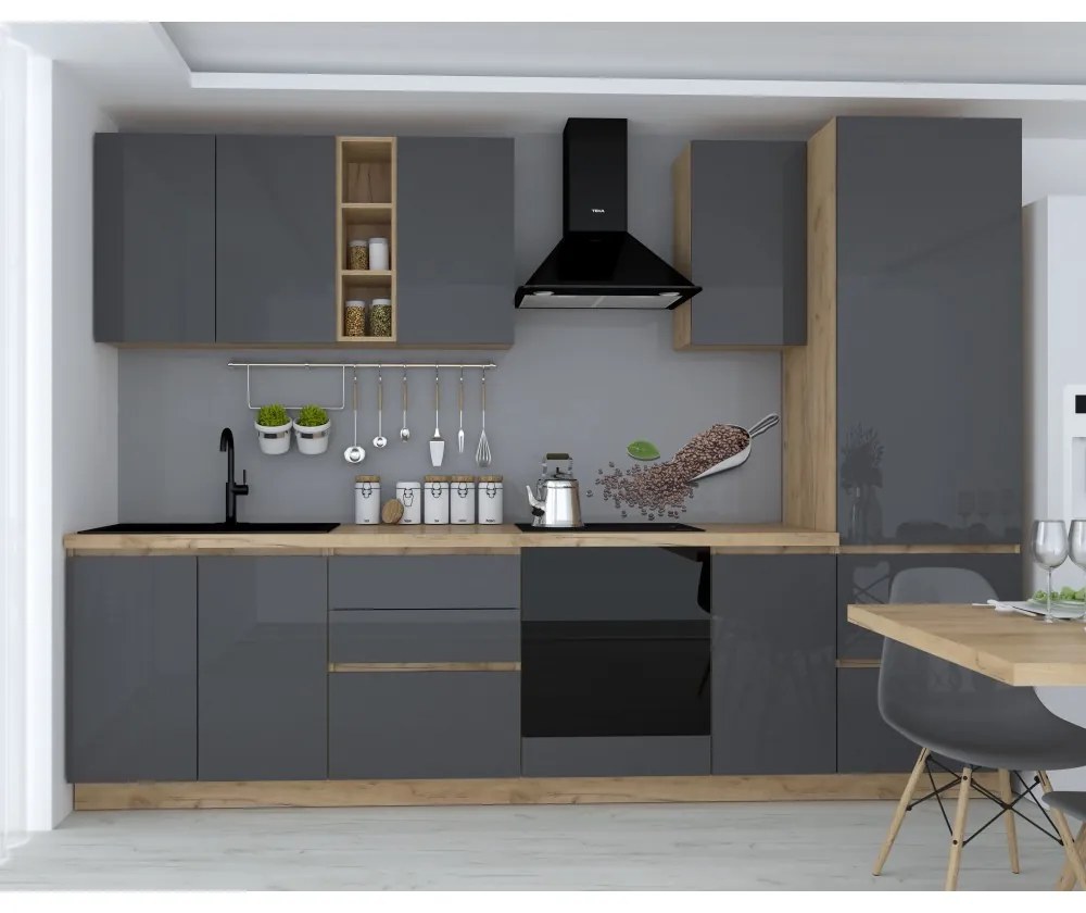 Bucatarie Chelsea 3m, 300x60x215 cm, stejar k003/antracit