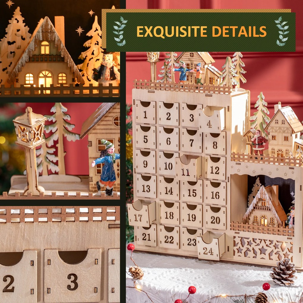 Calendar Advent de Craciun din lemn, cu lumini LED, pentru copii si adulti, natural HOMCOM | Aosom Romania