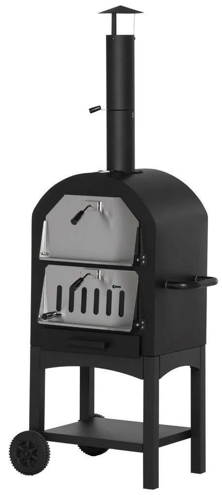 Outsunny Cuptor Portabil cu Cărbune pentru Pizza și Barbecue, Cuptor cu Lemne, Coș de Fum și Raft Inferior, 63x54x161 cm, Negru | Aosom Romania