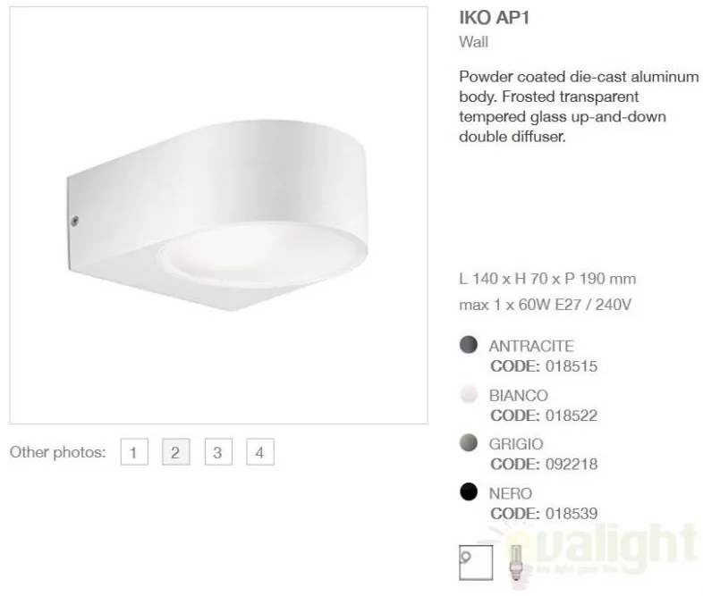 Aplica de perete exterior, cu iluminat up-and-down, IP44, IKO AP1 BIANCO 018522