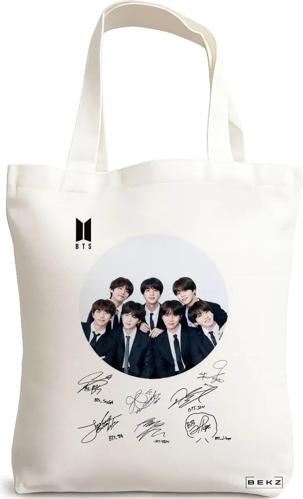 Sacosa de Panza pentru Cumparaturi, Geanta Tote, model BTS Army 8 cu semnaturii, 38x34.5 cm, Alba, BEKZ®
