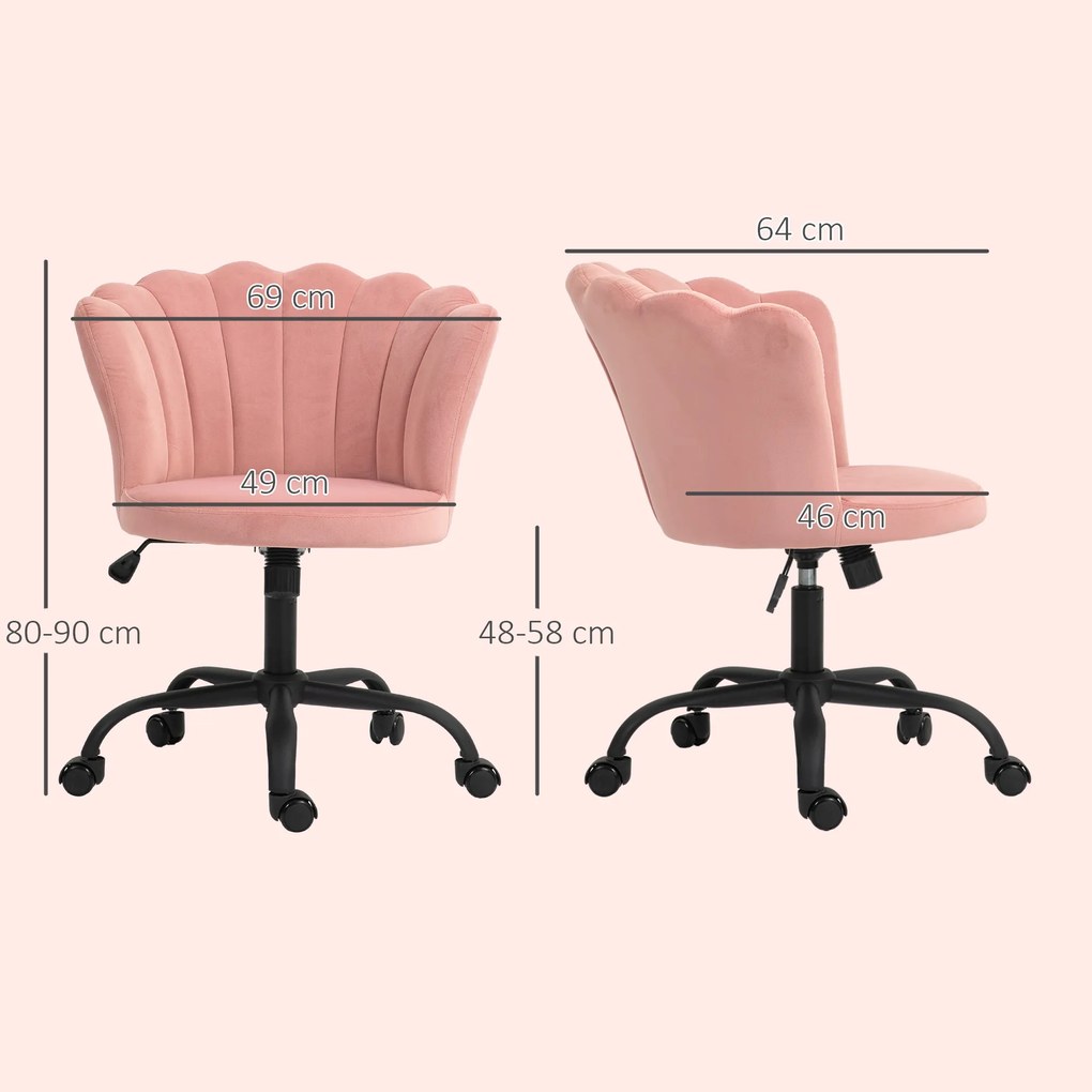 HOMCOM Scaun de Birou cu Spătar în Formă de Petală cu Înălțime Reglabilă, Rotile și Șezut Rotativ, 69x64x80-90 cm, Roz | Aosom Romania