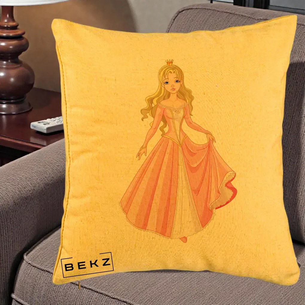 Perna Decorativa Printesa Aurora Rochie Roz, 40x40 cm, Galben, Husa Detasabila, Perna Inclusa, BEKZ®