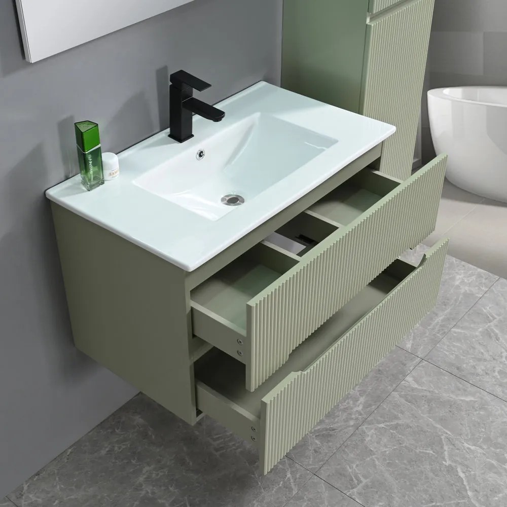 Trent 80 dulap de baie inferior cu chiuvetă ceramică 2 sertare, verde