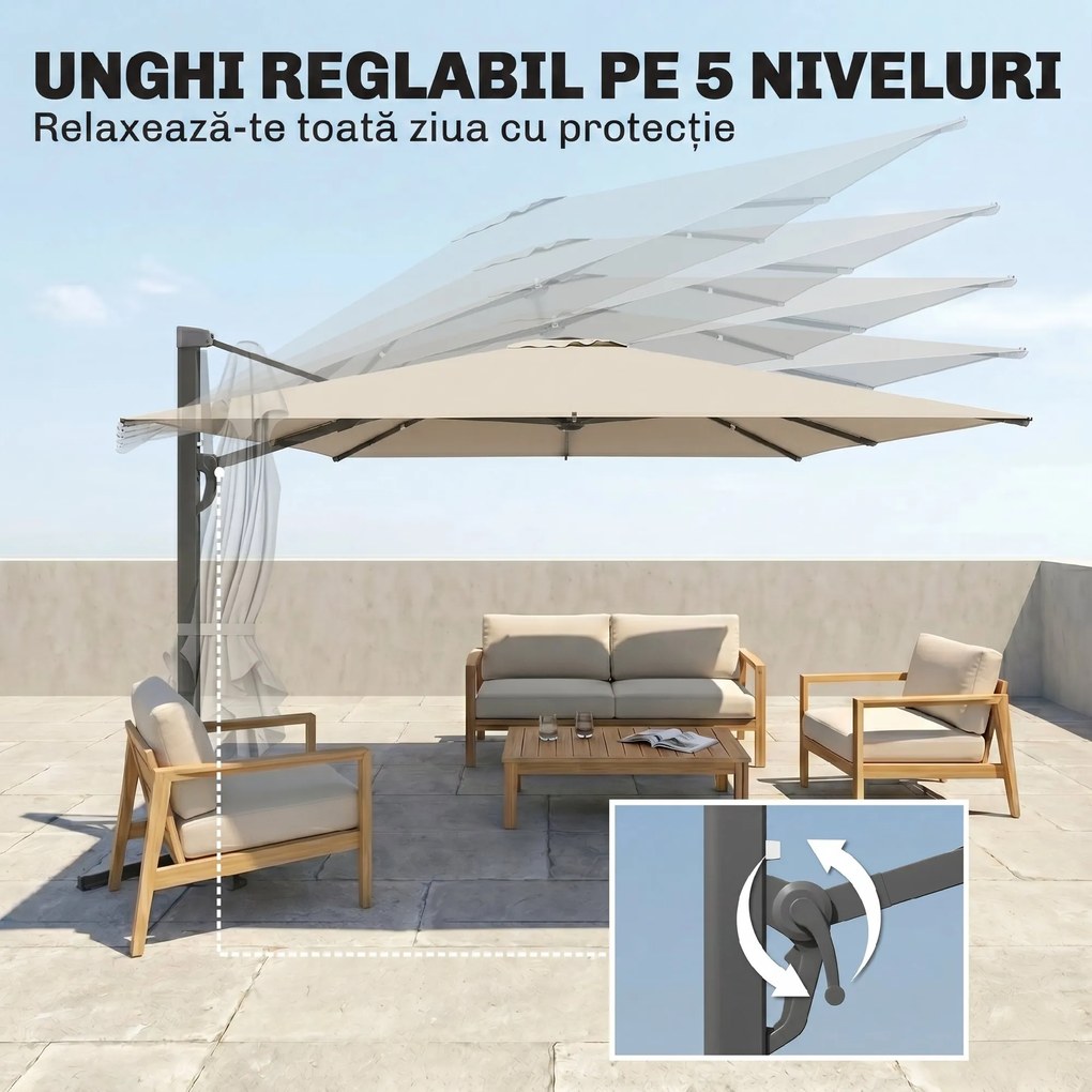 Outsunny Umbrelă Suspendată 3.6x3 m Rotativă și Inclinabilă Gri Deschis | Aosom Romania
