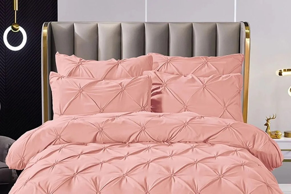 Lenjerie de Pat Uni cu Pliuri, Bumbac Finet, 6 Piese, Pat 2 Persoane, Somon, FNJS-40