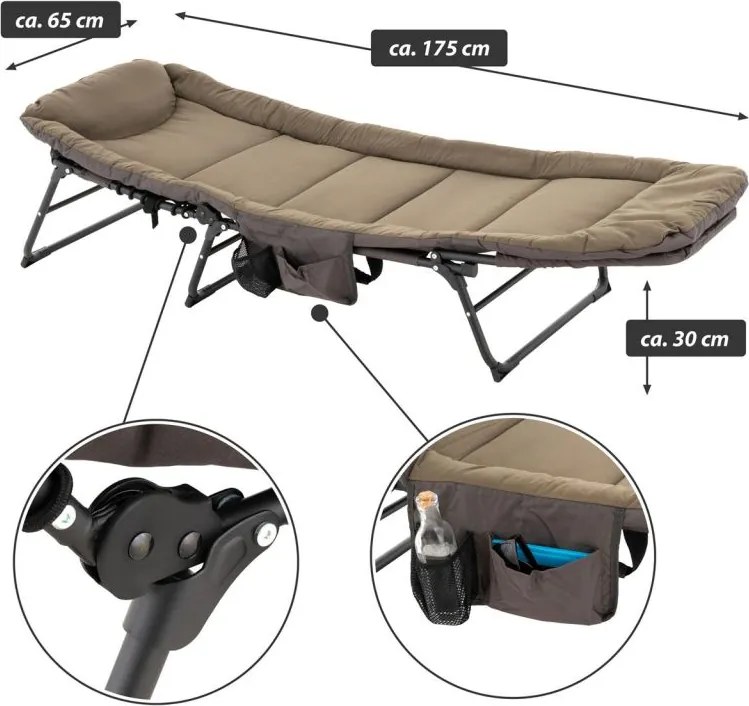 Sezlong de camping cu pernă, 175 x 65 cm, khaki