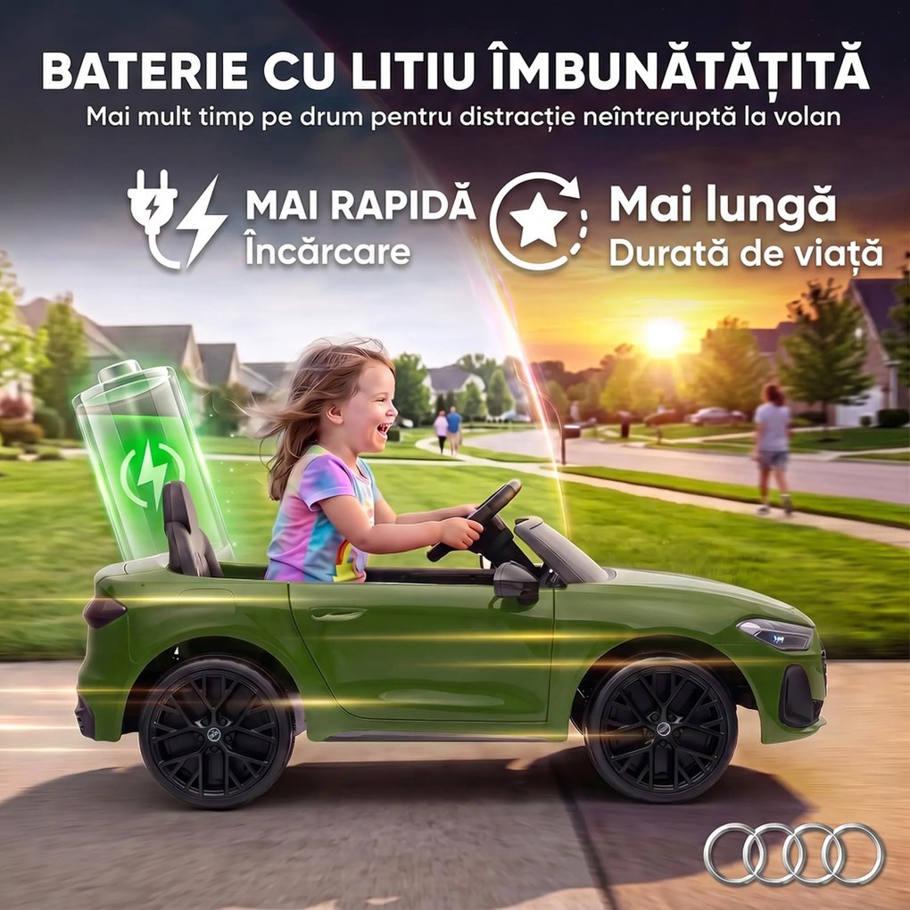 AIYAPLAY Mașină Electrică pentru Copii 12V Audi A5L cu Telecomandă, Baterie cu Litiu, 2 Motoare, Telecomandă, Verde | Aosom Romania