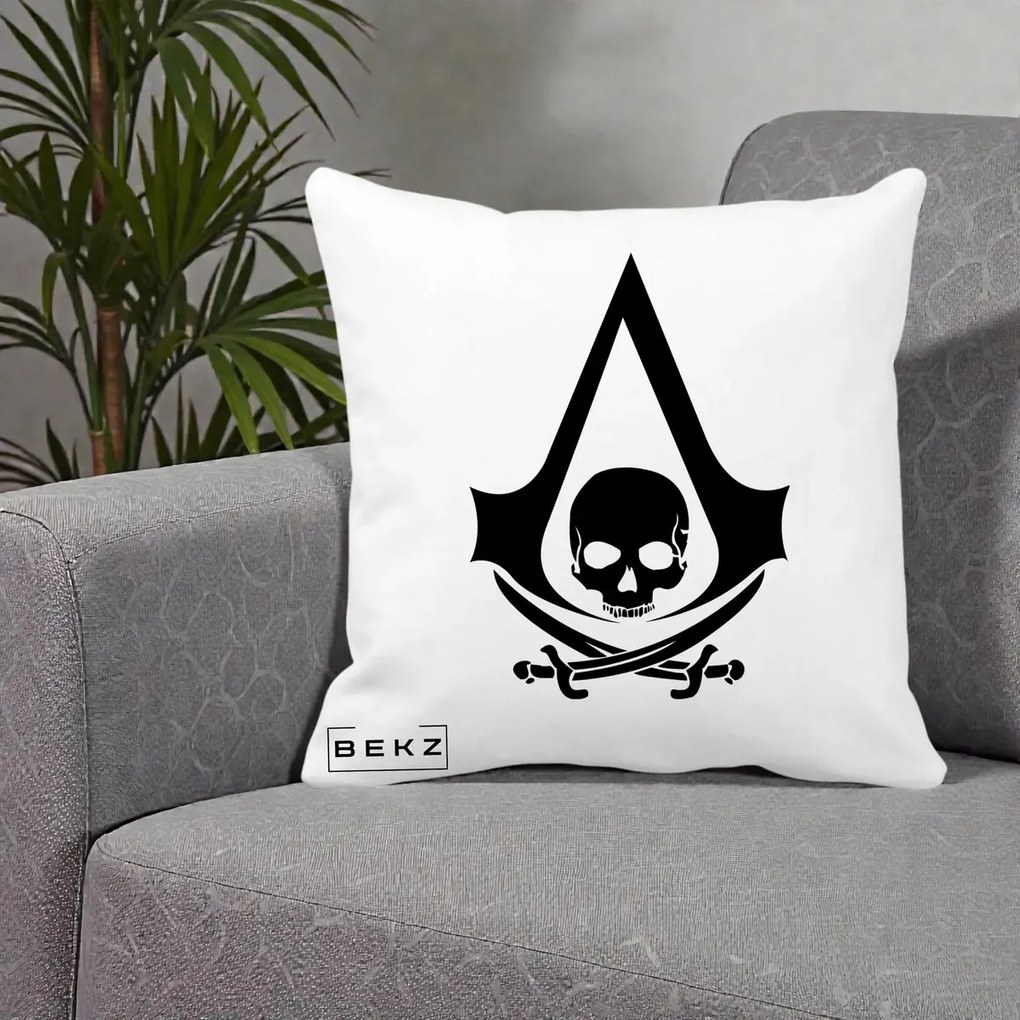 Perna Personalizata Assassin's Creed Black Flag Skull, 40x40 cm, Alba Mata, Husa Detasabila, Perna Inclusa, BEKZ®