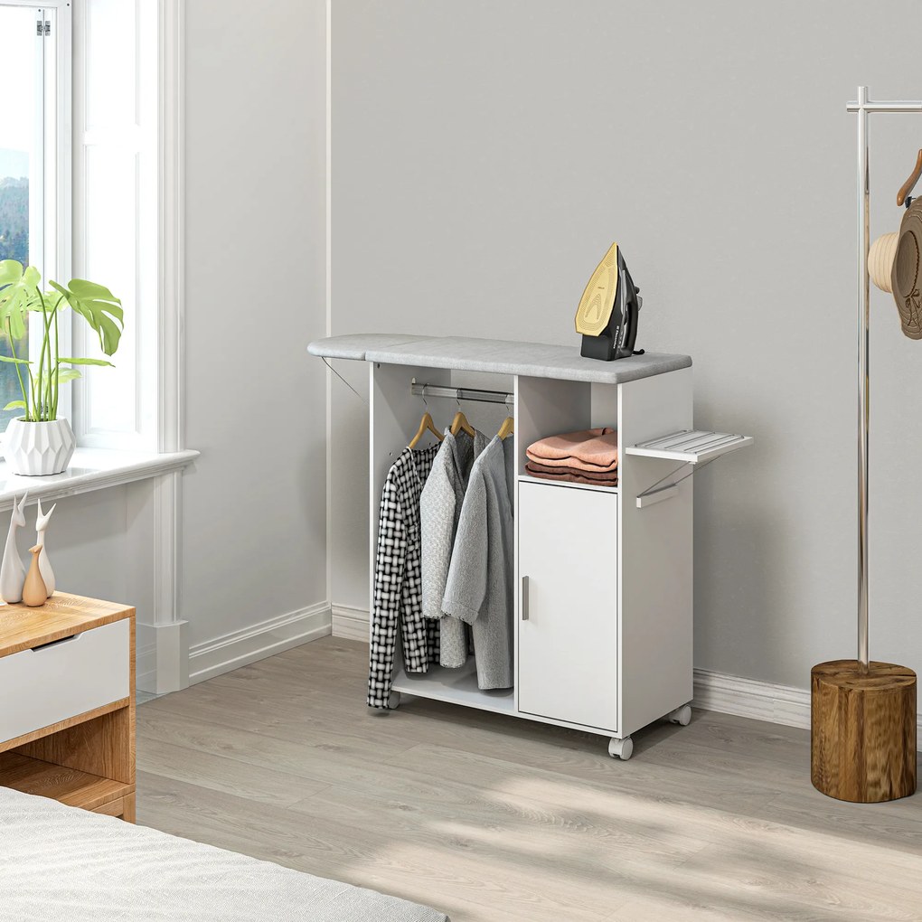 HOMCOM Dulap Multifuncțional cu Masă de Călcat | Blat din Tesatura Efect In | 3 Rafturi | Ghidaj pentru Agățat | 127x42.5x99 cm | Alb | Aosom Romania