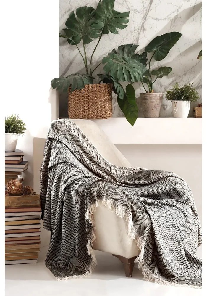 Cuvertură neagră/bej 170x210 cm Etnik – Mijolnir