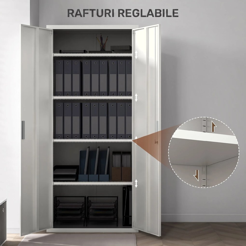 HOMCOM Dulap de Depozitare pentru Birou cu 5 Niveluri, Dulap Metalic cu 2 Uși și 4 Rafturi Reglabile, 80x40x180 cm, Alb