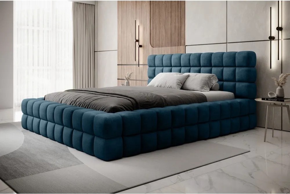 Pat matrimonial albastru tapițat cu spațiu de depozitare cu somieră 180x200 cm Dizzle – ELTAP