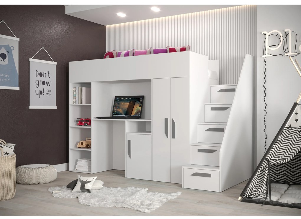Pat pentru copii combinat 90 cm Puro 14 (alb mat + alb lucios + mânere gri). 1087092