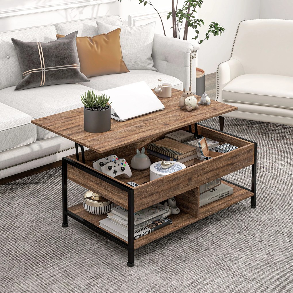 HOMCOM Masă de cafea ridicabilă masă de salon cu compartiment ascuns și 2 rafturi inferioare 100 x 80 x 60 cm maro rustic negru | Aosom Romania