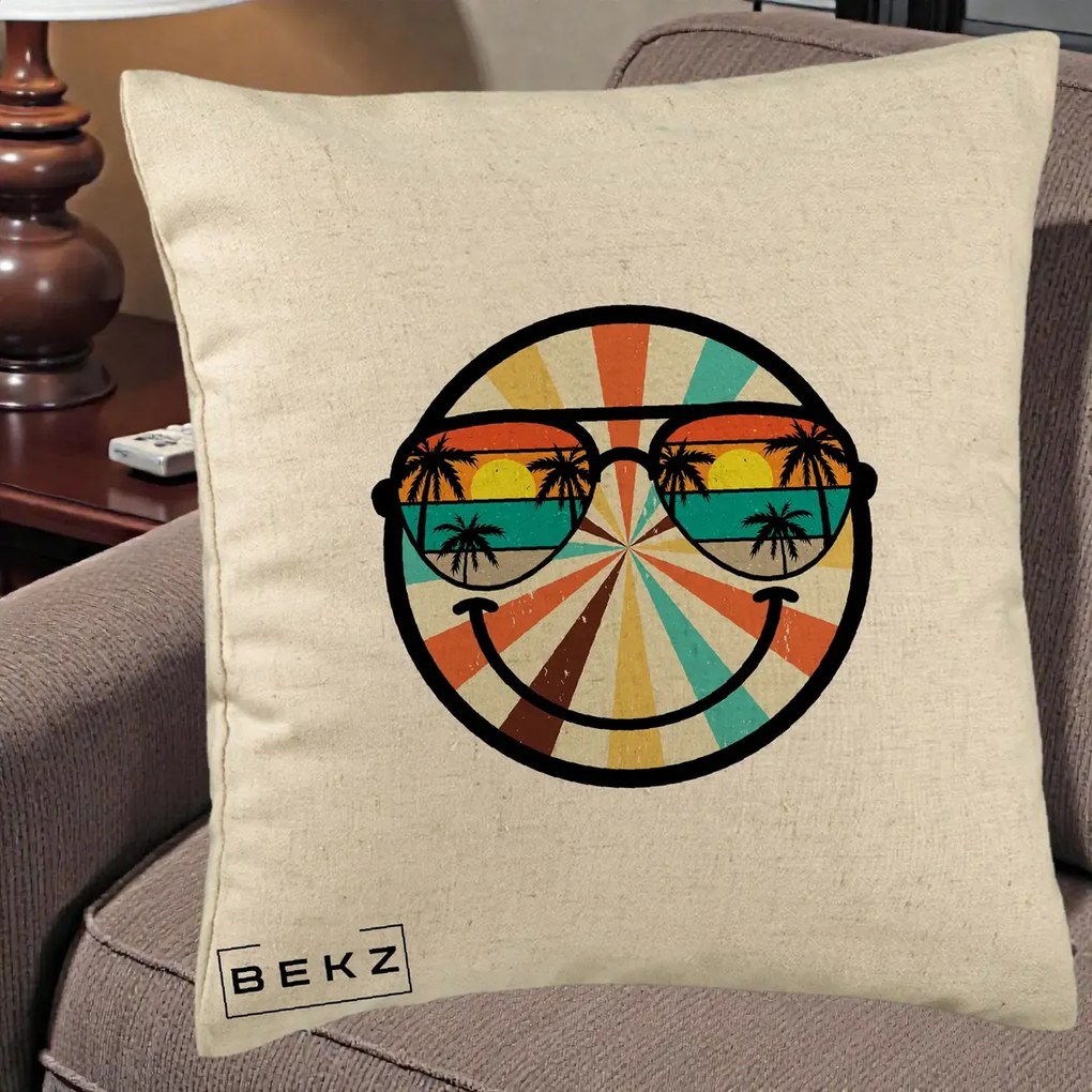 Perna Decorativa Smiley Face Retro Sunset Palmieri, 40x40 cm, Bej, Husa Detasabila, Perna Inclusa, BEKZ®