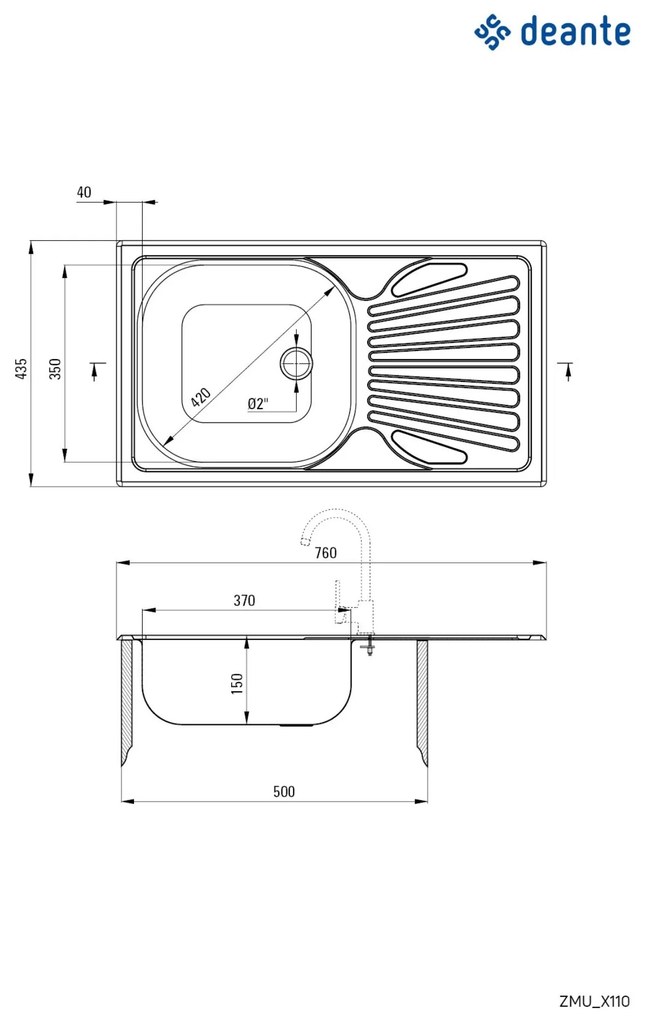 Chiuveta Deante haaus TECHNO, 1 Cuva Universala, Inox Texturat, pe blat, 76 x 43.5 cm