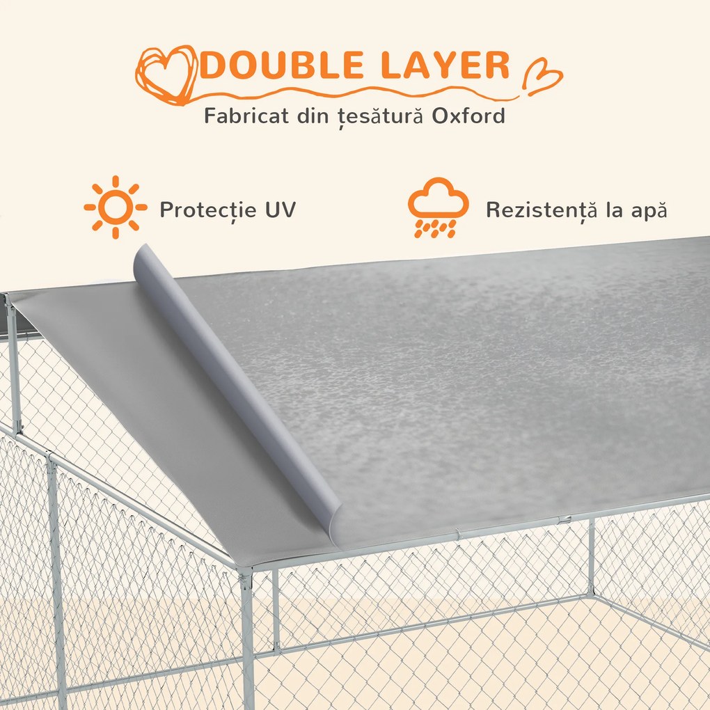PawHut Țarc pentru Câini Talie Medie, Metal Galvanizat, Acoperiș Oxford, Ușă cu Zăvor, 400x230x232 cm, Argintiu | Aosom Romania