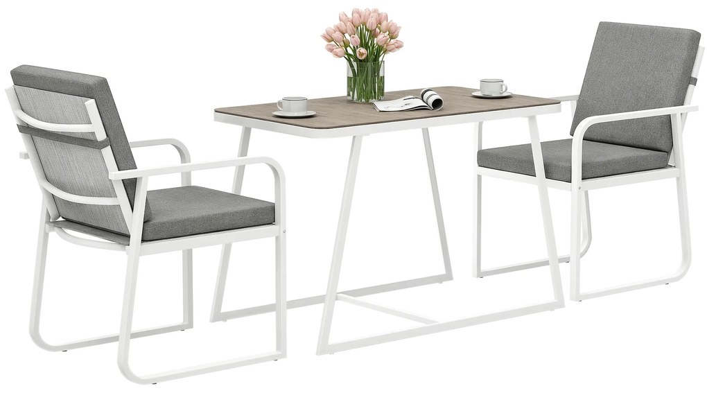 Outsunny Set de Grădină cu Masă și Scaune cu Perne Detașabile, Blat din Sticlă și Cadru din Oțel, 108x60x72 cm, Alb | Aosom Romania