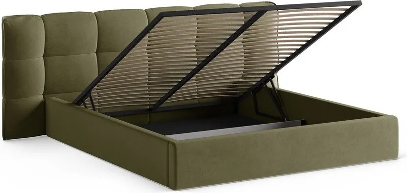 Pat matrimonial verde tapițat cu spațiu de depozitare cu somieră 200x200 cm Eric – Micadoni