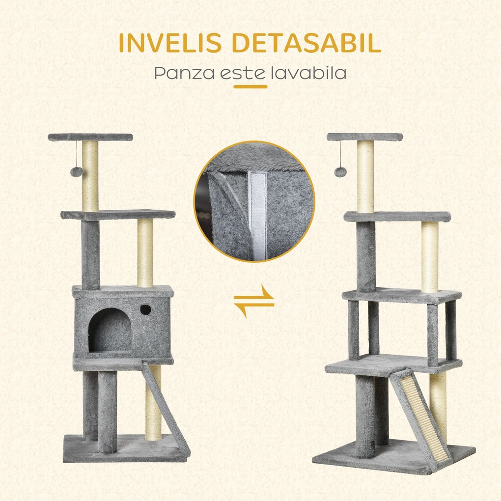 PawHut Copac pentru Pisici pe Mai Multe Niveluri cu Căsuță, Scară și Stâlpi din Sisal, Gri | Aosom Romania